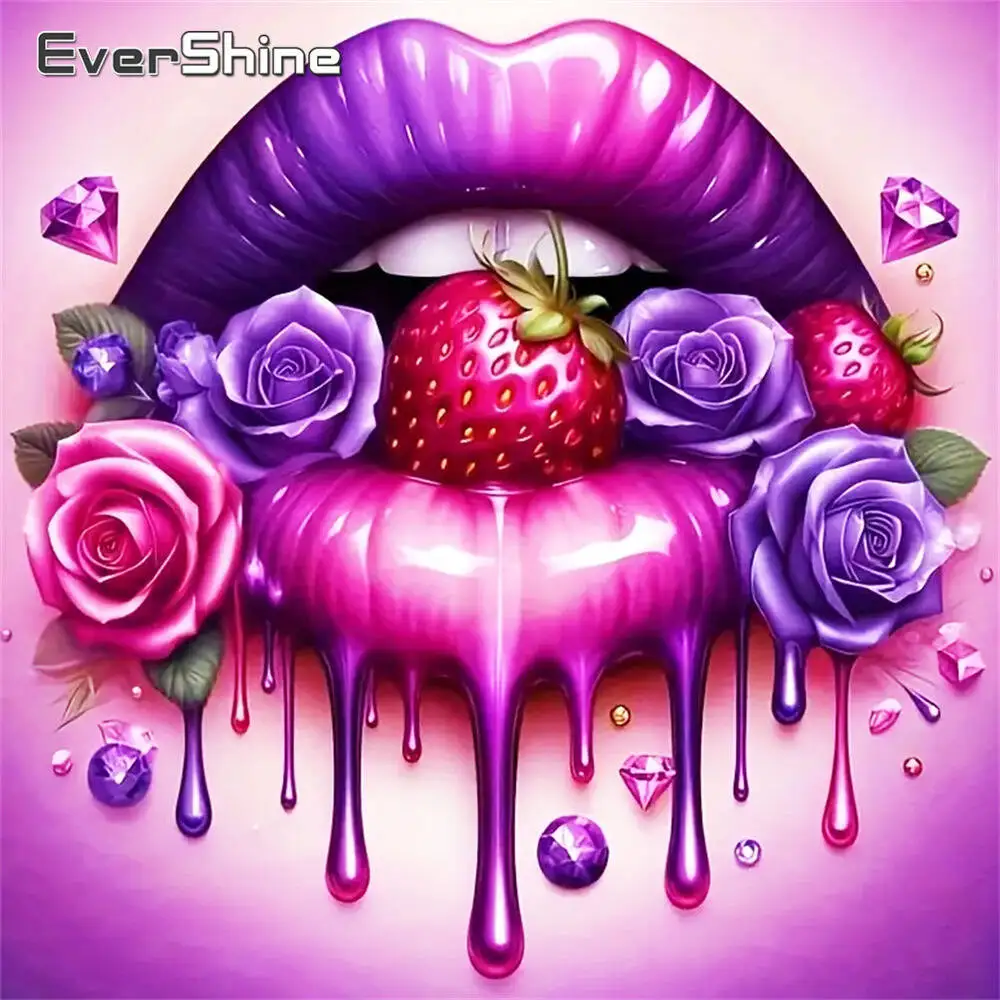 Diamond Mosaic Portrait Mouth Strawberry Painting Cross Stitch